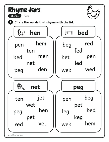Rhyme Jars worksheet from the Level 1 Word Work: CVC Words pack
