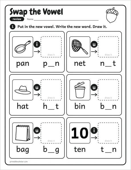 Swap the Vowel worksheet from the Level 1 Word Work: CVC Words pack
