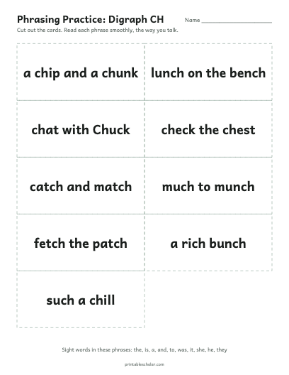 Digraph CH phrasing cards printable preview