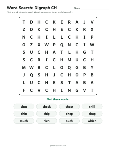Digraph CH word search printable preview