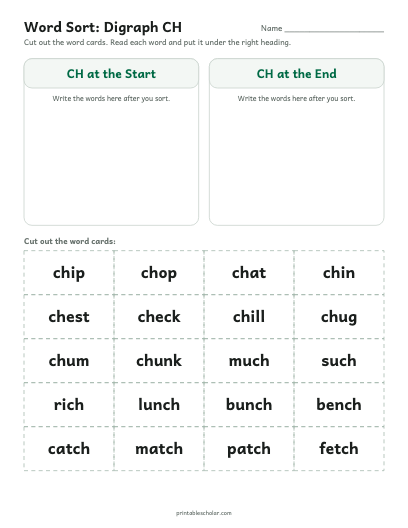 Digraph CH word sort printable preview