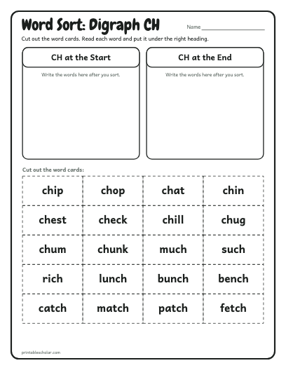 Digraph CH word sort printable preview