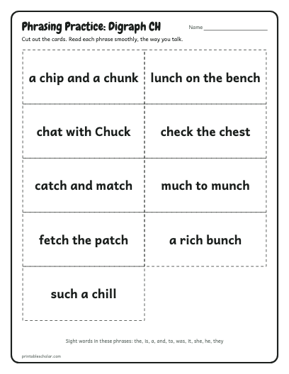 Digraph CH phrasing cards printable preview