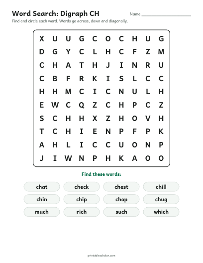 Digraph CH word search printable preview