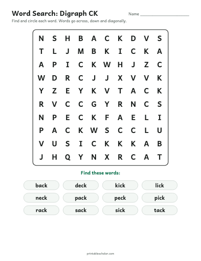 Digraph CK word search printable preview