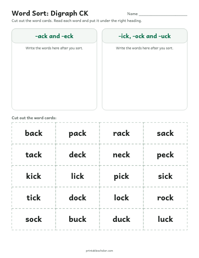 Digraph CK word sort printable preview