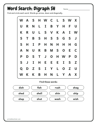 Digraph SH word search printable preview