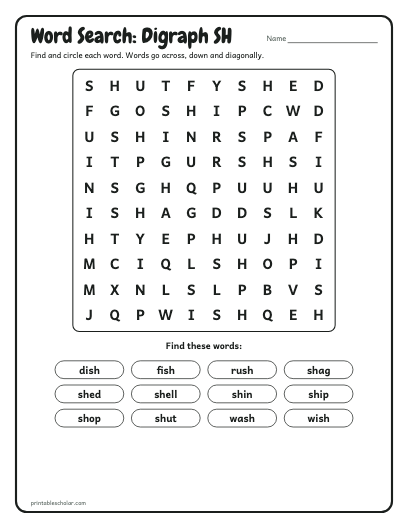 Digraph SH word search printable preview