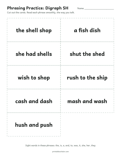 Digraph SH phrasing cards printable preview