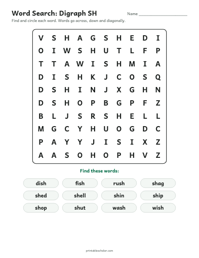 Digraph SH word search printable preview
