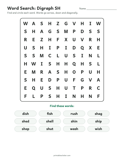 Digraph SH word search printable preview
