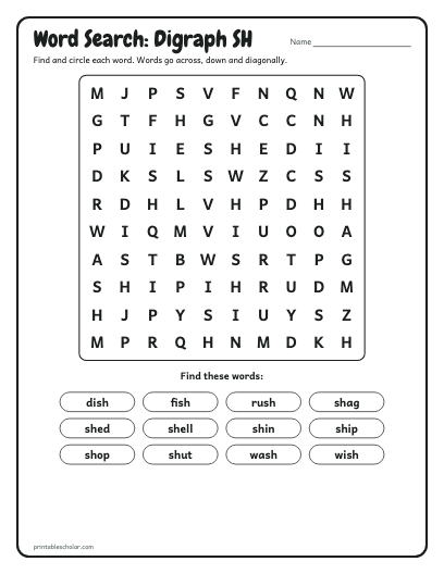 Digraph SH word search printable preview