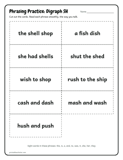 Digraph SH phrasing cards printable preview
