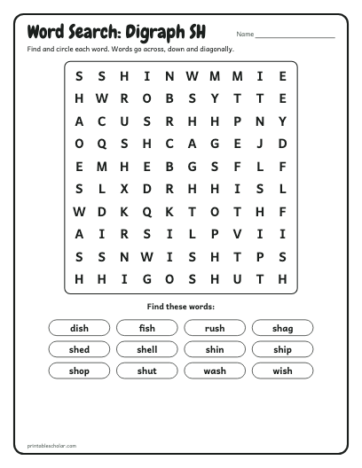 Digraph SH word search printable preview