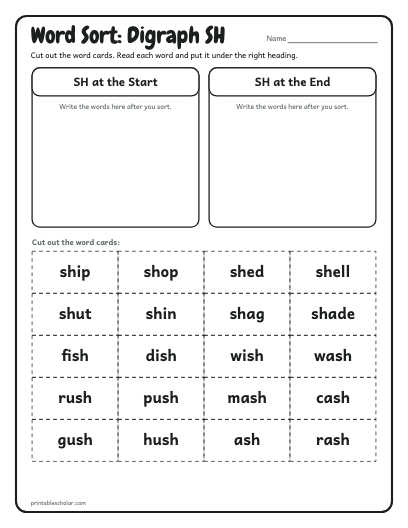 Digraph SH word sort printable preview