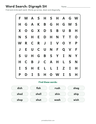 Digraph SH word search printable preview