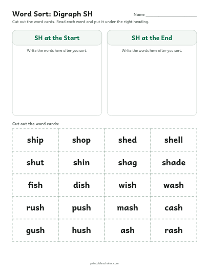 Digraph SH word sort printable preview