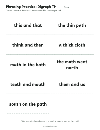 Digraph TH phrasing cards printable preview
