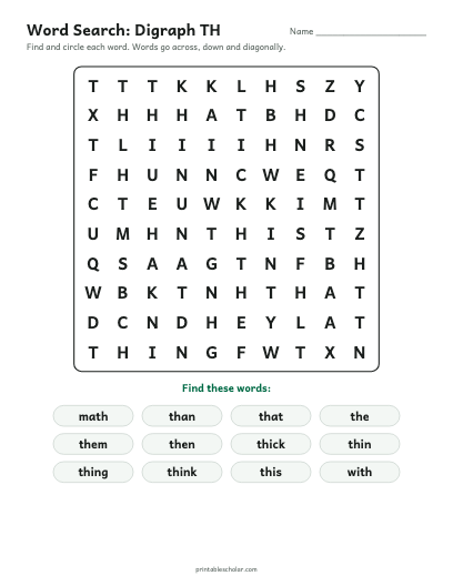 Digraph TH word search printable preview