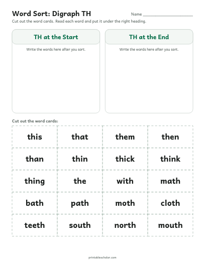 Digraph TH word sort printable preview