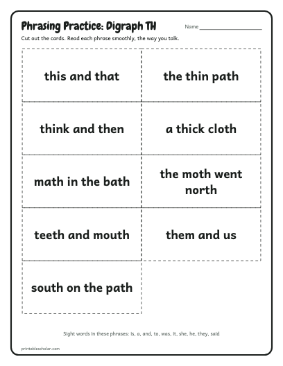 Digraph TH phrasing cards printable preview