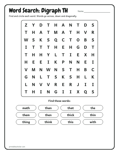 Digraph TH word search printable preview