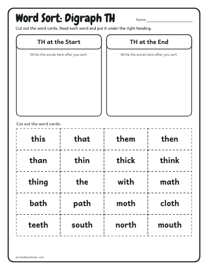 Digraph TH word sort printable preview