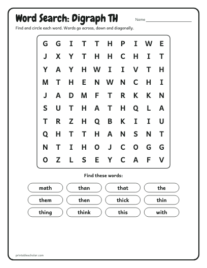 Digraph TH word search printable preview
