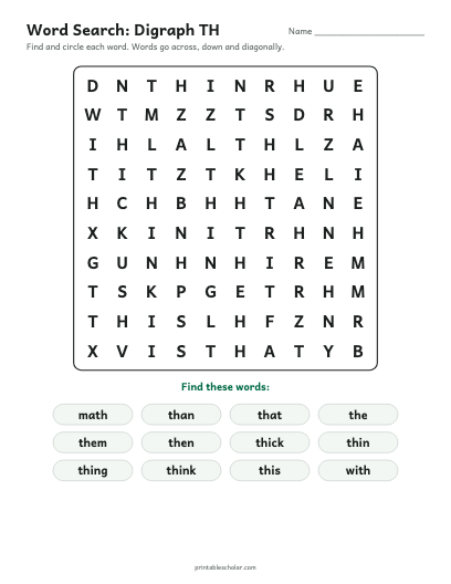 Digraph TH word search printable preview
