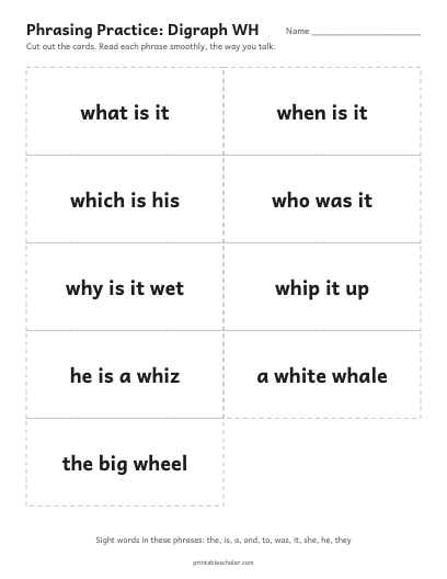 Digraph WH phrasing cards printable preview