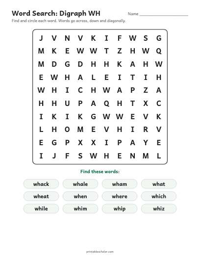 Digraph WH word search printable preview