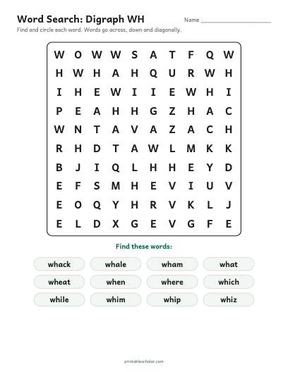 Digraph WH word search printable preview