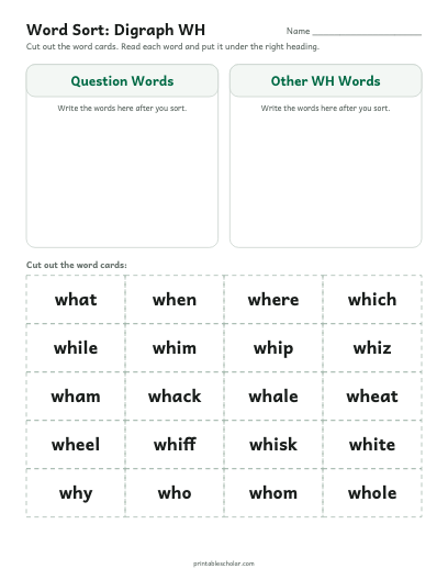Digraph WH word sort printable preview