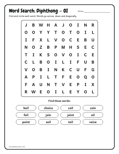 Diphthong — OI word search printable preview
