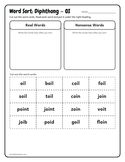 Diphthong — OI word sort printable preview