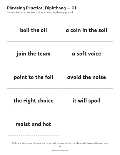Diphthong — OI phrasing cards printable preview