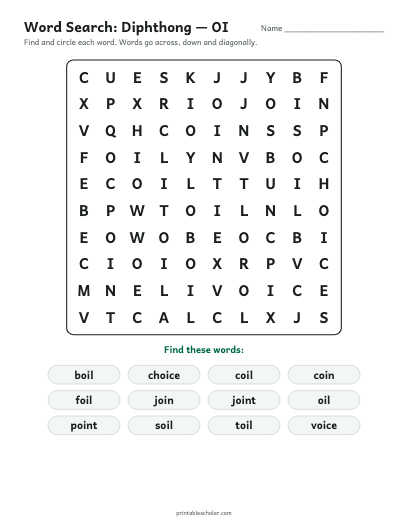Diphthong — OI word search printable preview