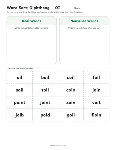 Diphthong — OI word sort printable preview