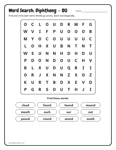 Diphthong — OU word search printable preview