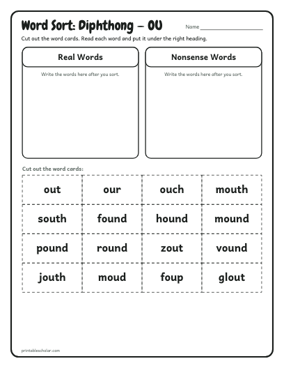 Diphthong — OU word sort printable preview