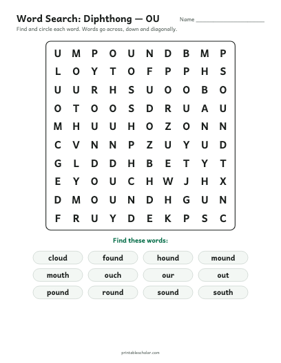 Diphthong — OU word search printable preview