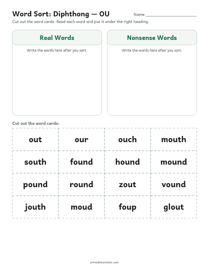 Diphthong — OU word sort printable preview