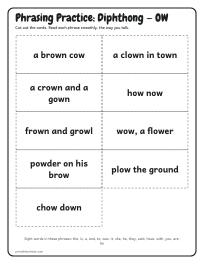 Diphthong — OW phrasing cards printable preview
