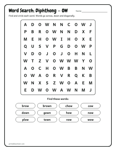 Diphthong — OW word search printable preview