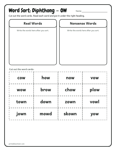 Diphthong — OW word sort printable preview