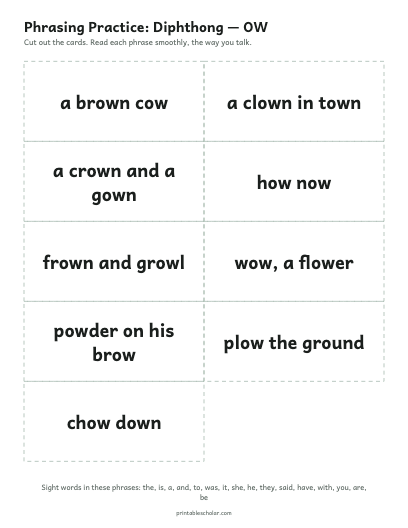 Diphthong — OW phrasing cards printable preview