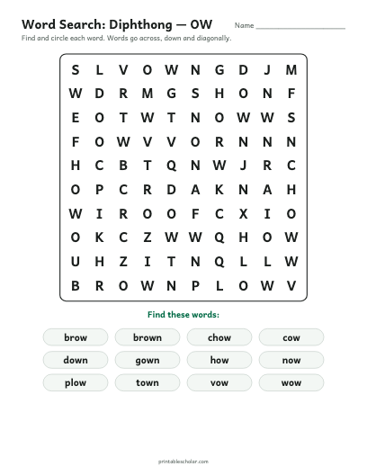 Diphthong — OW word search printable preview