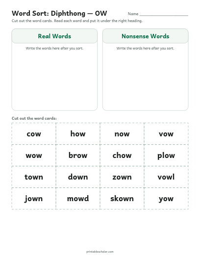 Diphthong — OW word sort printable preview