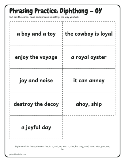 Diphthong — OY phrasing cards printable preview