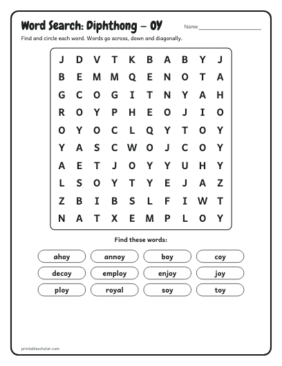 Diphthong — OY word search printable preview